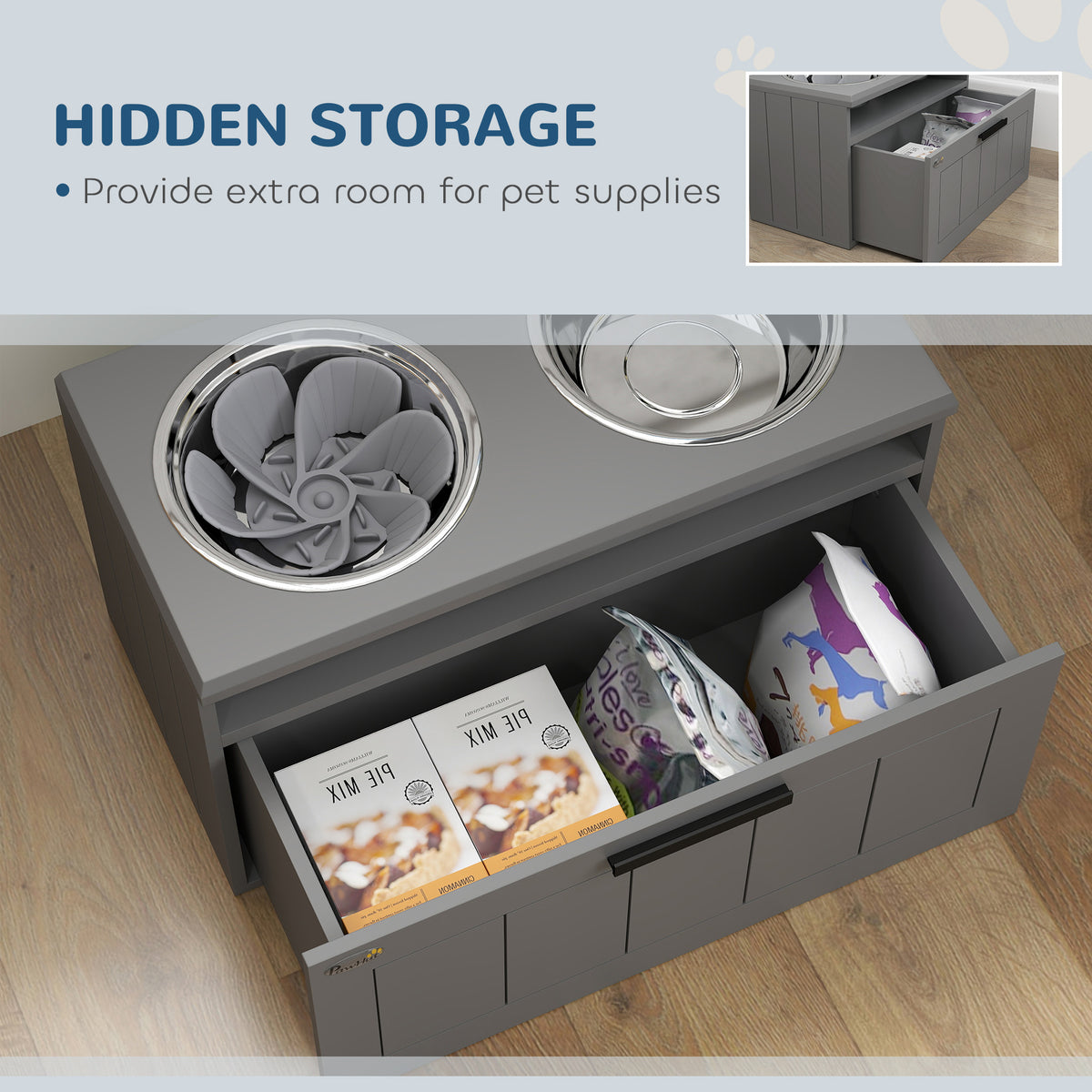 Large Breed Elevated Dog Bowls Stand Set with Stainless Steel Bowls & Storage Drawer