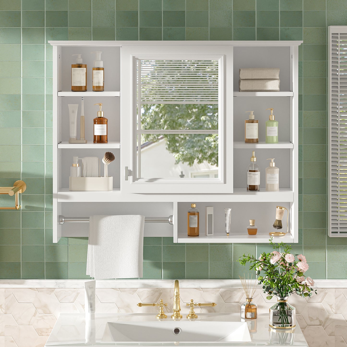 35 Inch Wall-Mount 2-in-1 Mirror Cabinet With Adjustable Shelves,