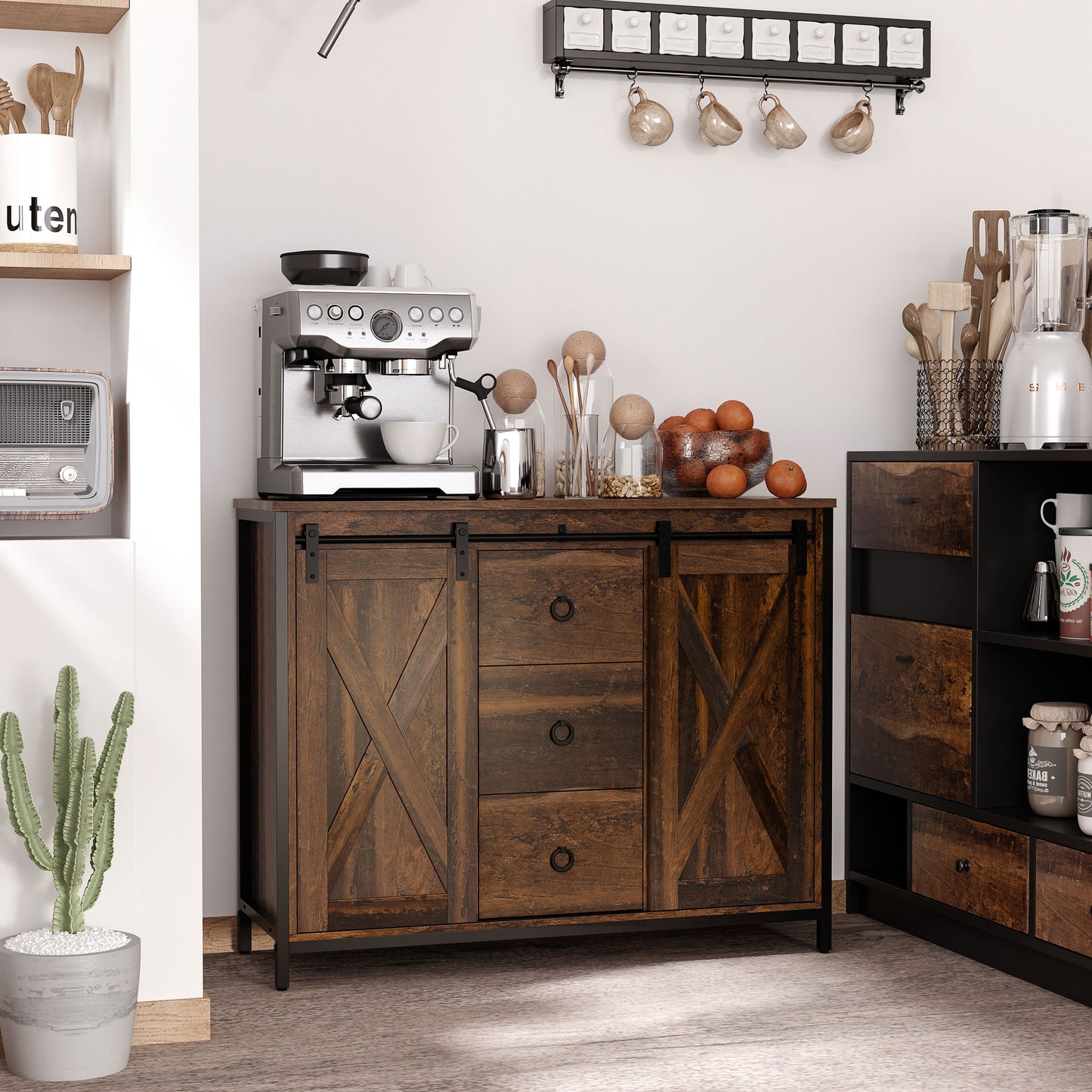 Rustic Brown Buffet Cabinet with Sliding Barn Doors - Kitchen Storage
