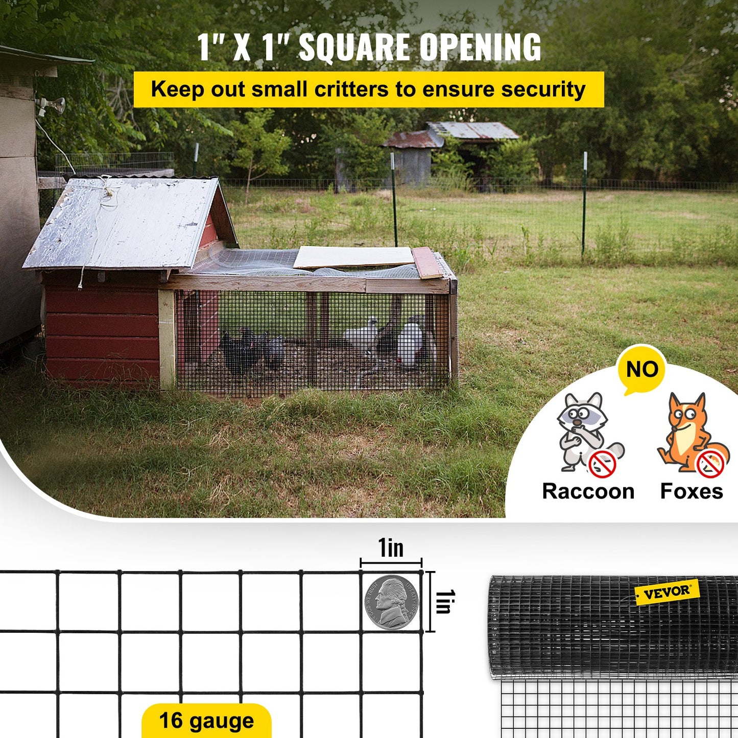 Galvanized Steel Hardware Cloth Mesh Fence 24' x 100' Black 1x1 inch, with Cutting Pliers & Gloves