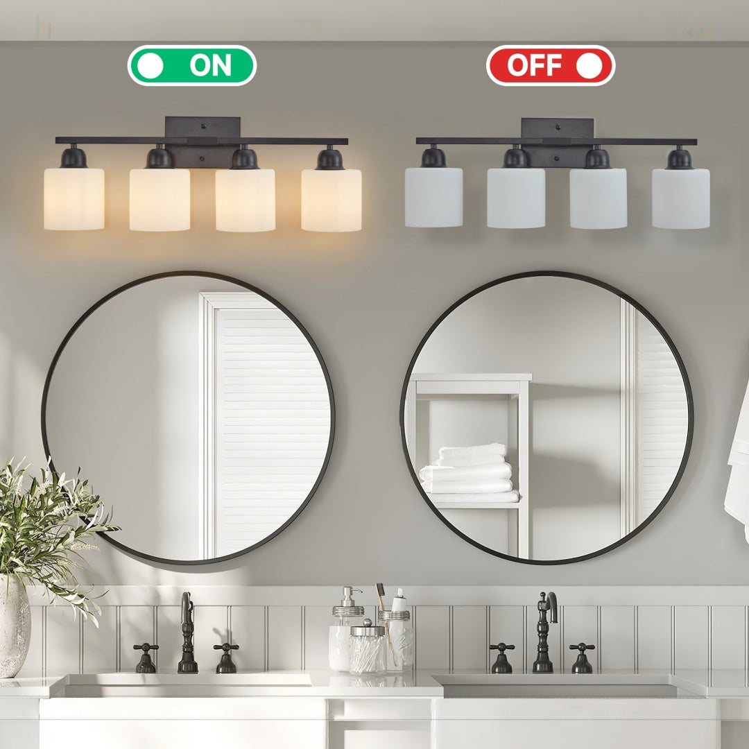 4-Light Modern Black Bathroom Vanity Light Fixture - Frosted Glass Shades