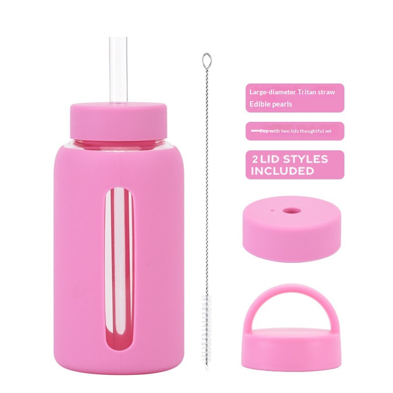 600ml Silicone Sleeve Glass Water Cup with Dual Lids - Heat-Resistant & Sipper-Friendly
