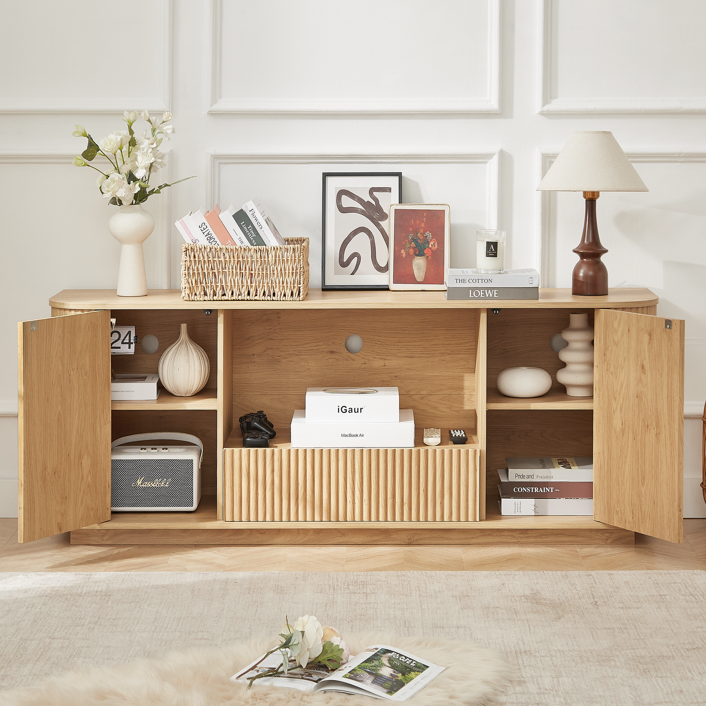 64-Inch Wavy TV Stand, Rounded Sideboard, Storage Cabinet, Wooden