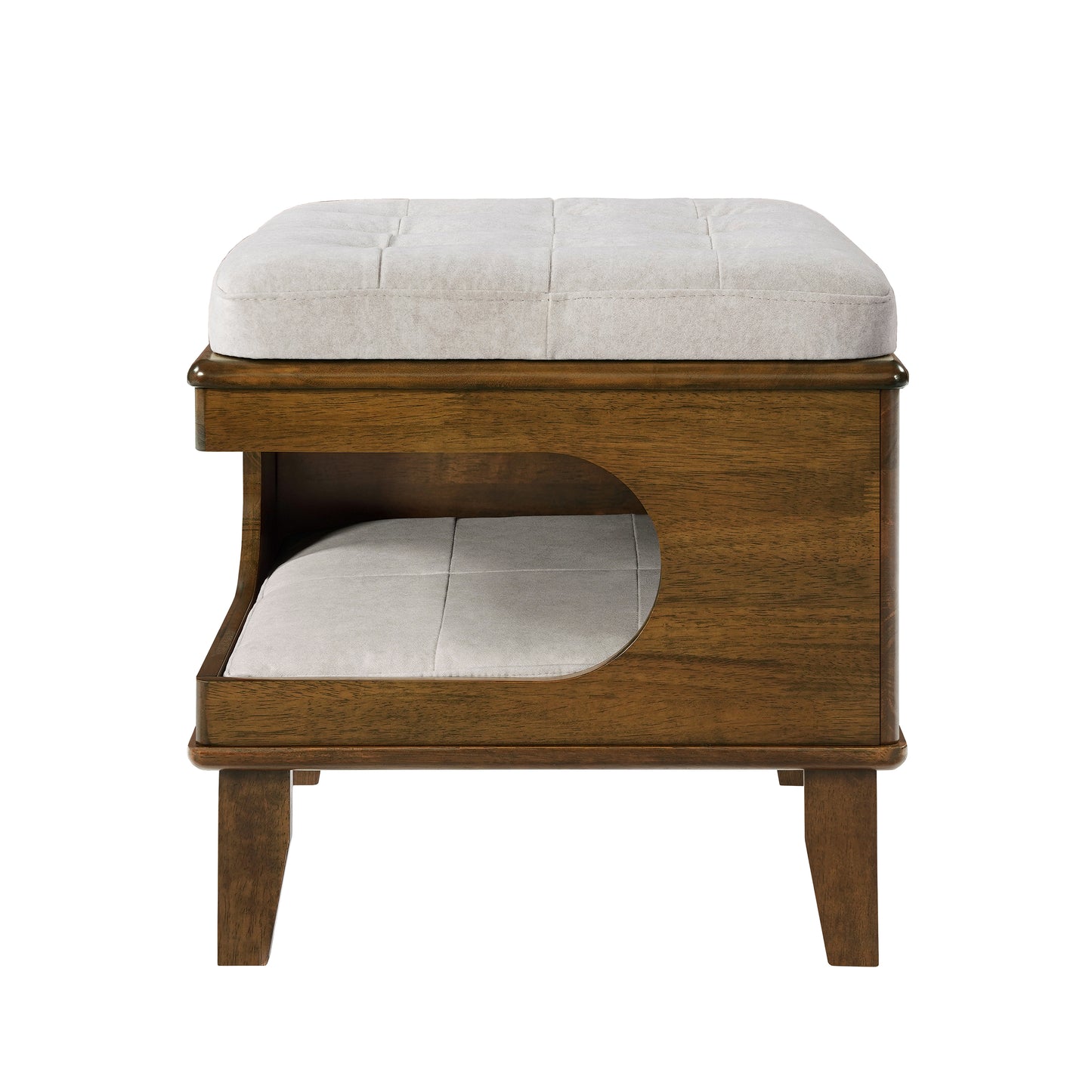 Rubber Wood Cat Bed Ottoman with Cat Cave - 2-in-1 Tufted Pet Footstool, Walnut Finish