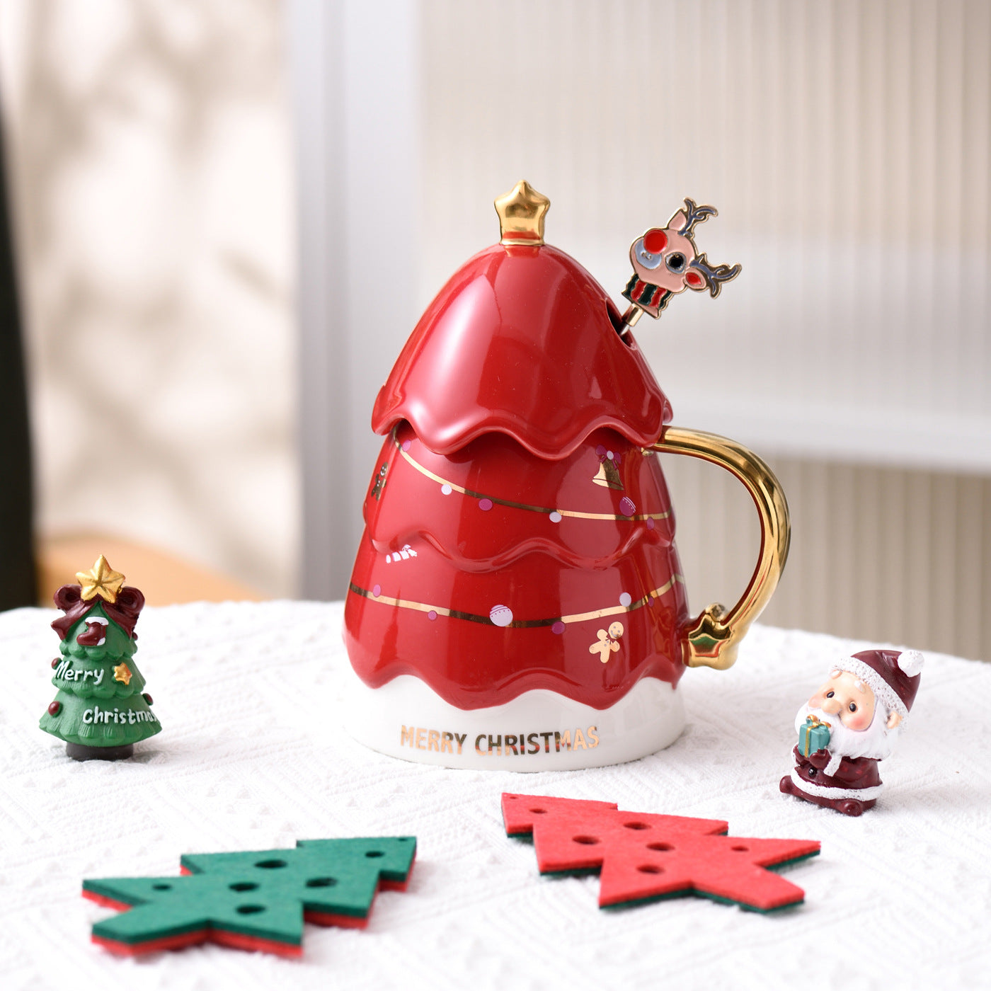 Christmas Tree Mug with Lid and Spoon - Holiday Ceramic Drinkware
