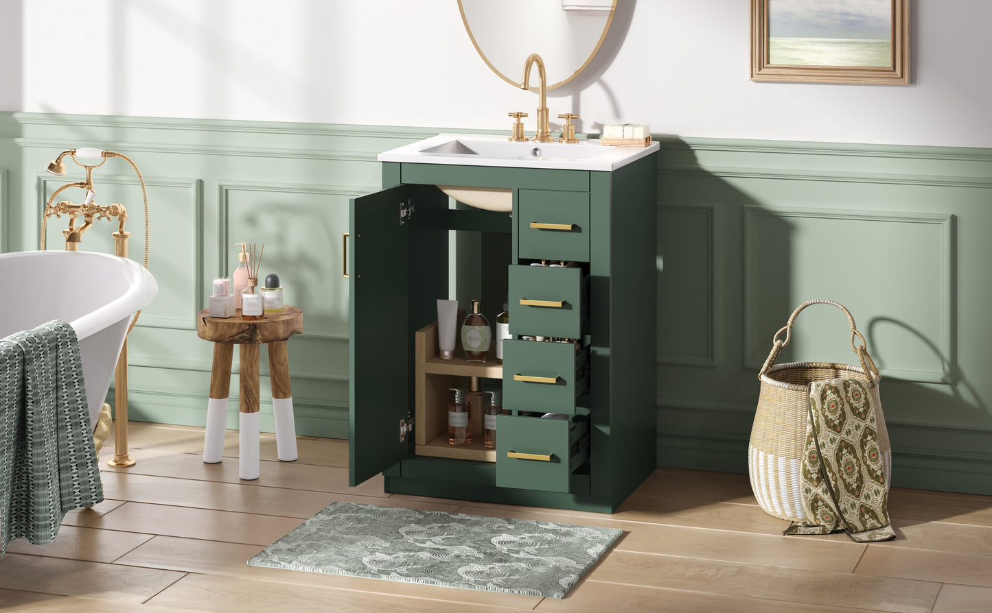 24" Green Bathroom Vanity with Integrated Ceramic Sink & 3 Drawers