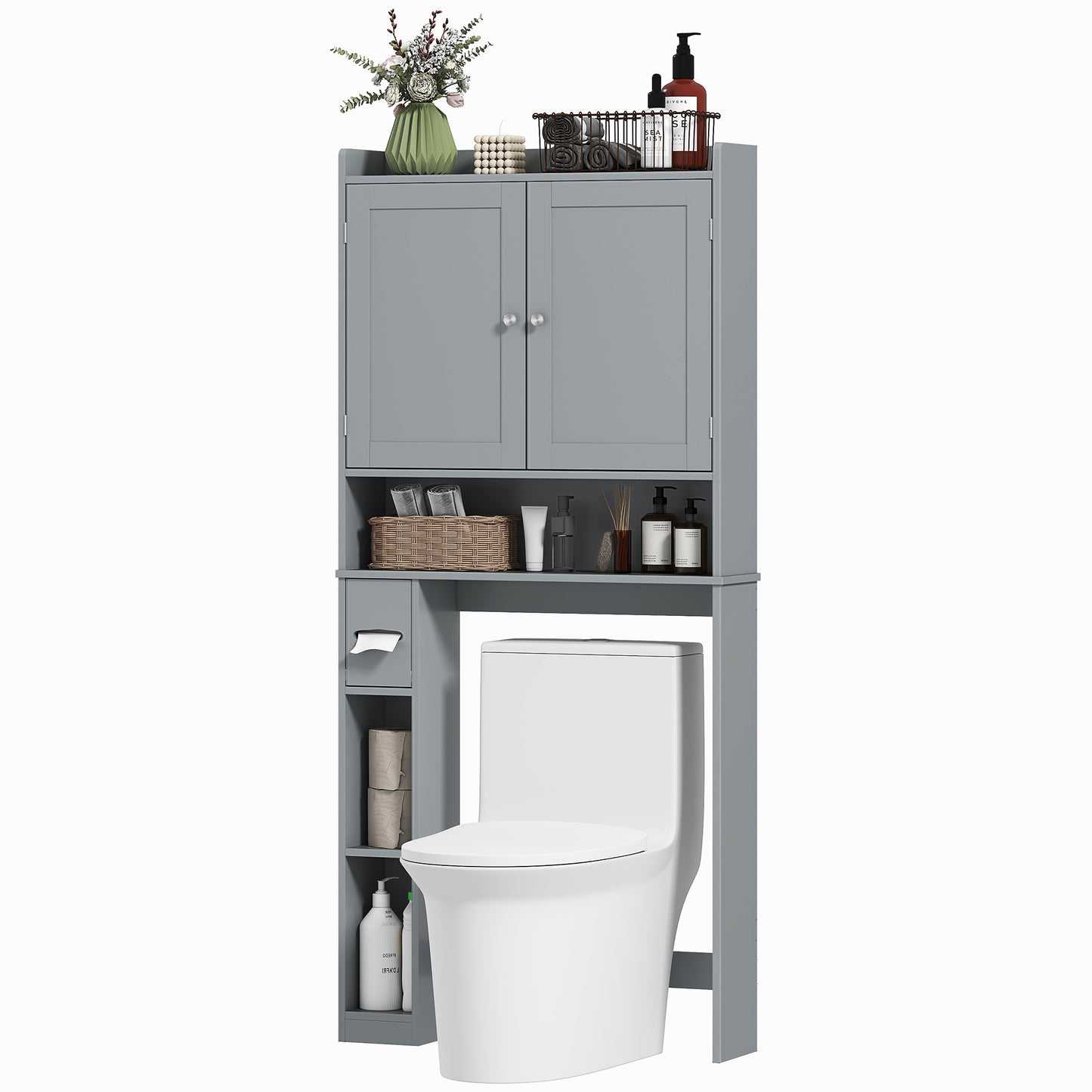 Over The Toilet Storage Cabinet with 2 Doors and Tissue Holder - Gray