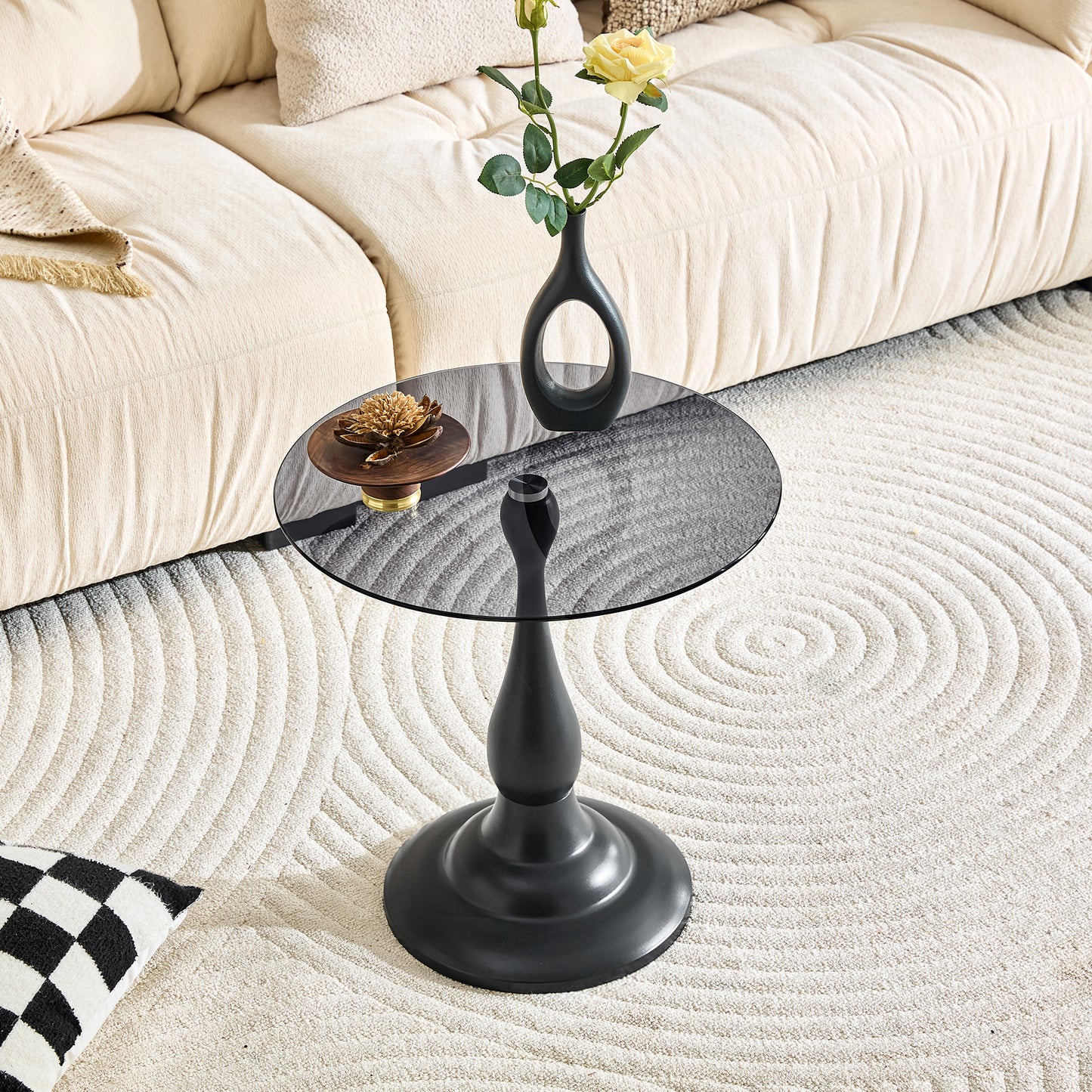 Small Vintage Matte Black Round Side Table with Glass Top