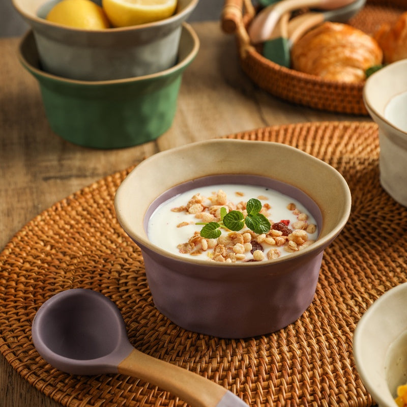 Retro Ceramic Kitchen Bowl Set with Spoons - Handmade Stoneware Dinnerware