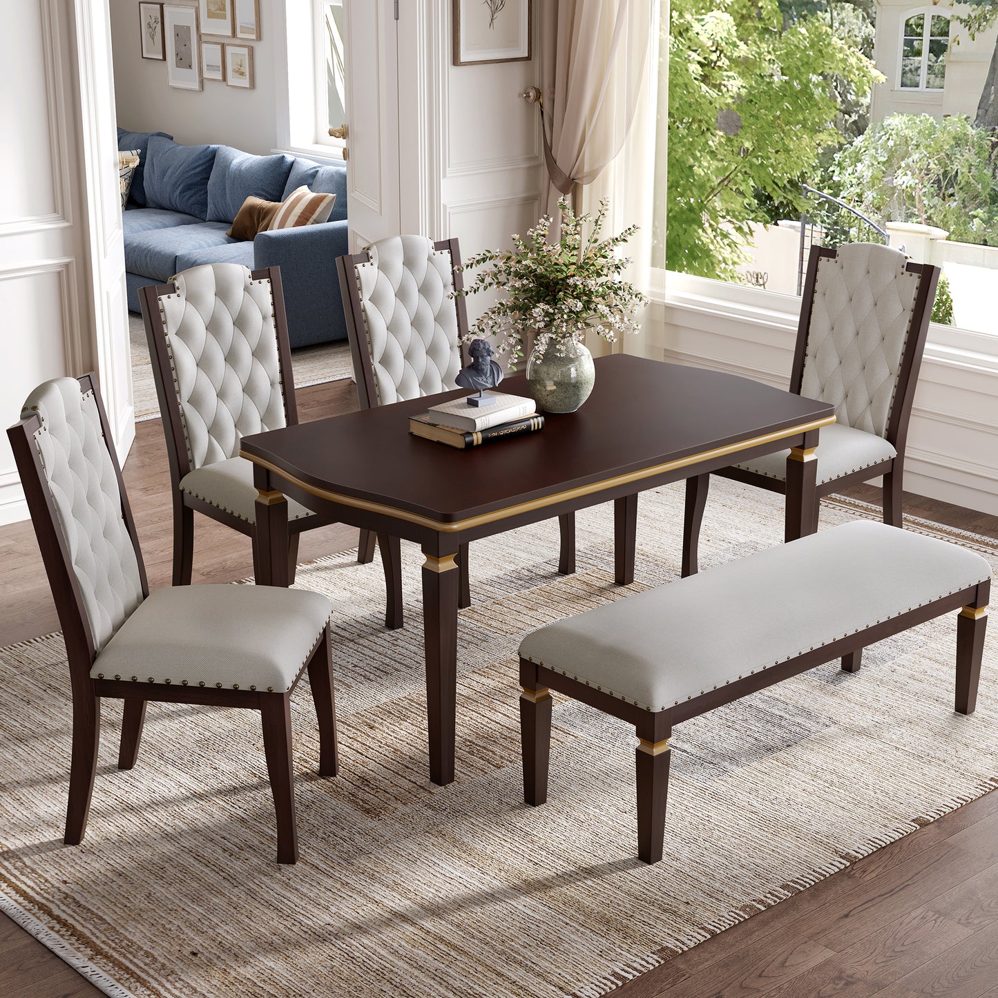 6 Piece Kitchen Dining Table Set, 60 Rectangular And 4 High-Back