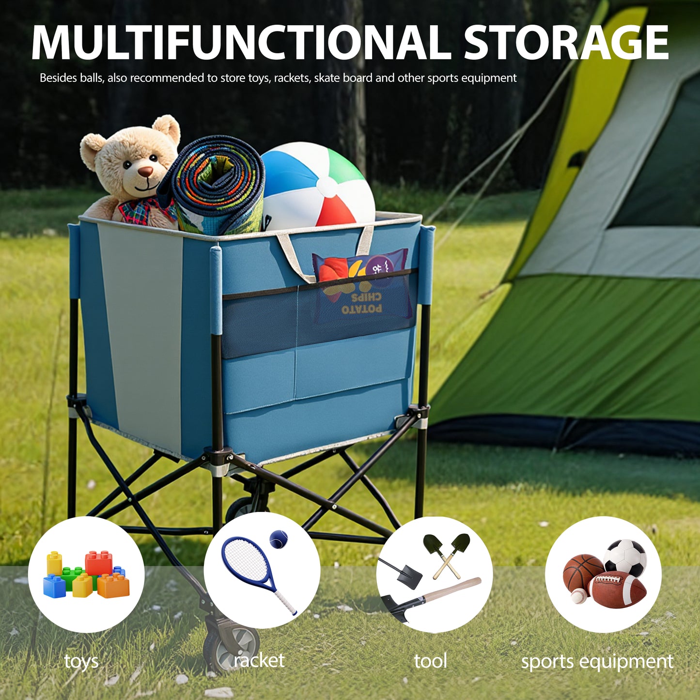 Collapsible Rolling Ball Storage Cart with Wheels - Blue Gray