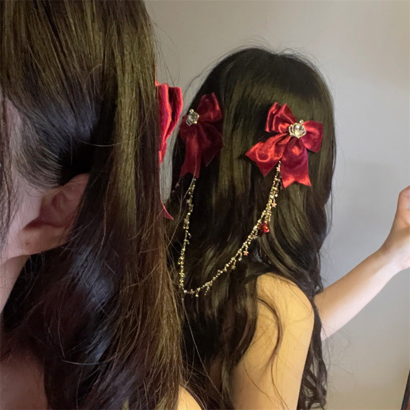Red Bell Crown Bow Tassel Hair Clip for Women - Handmade Accessory