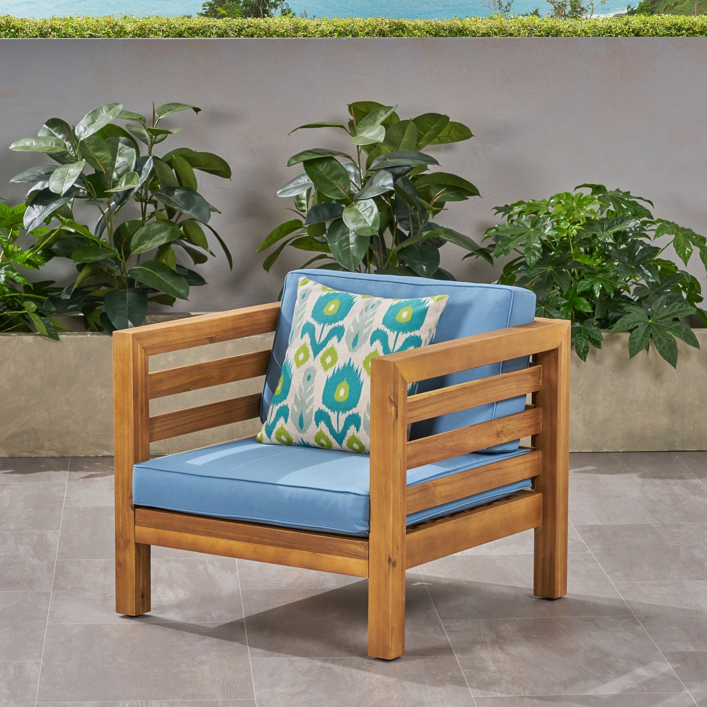 Oana Club Chair - Durable Acacia Wood, Pecan Blue