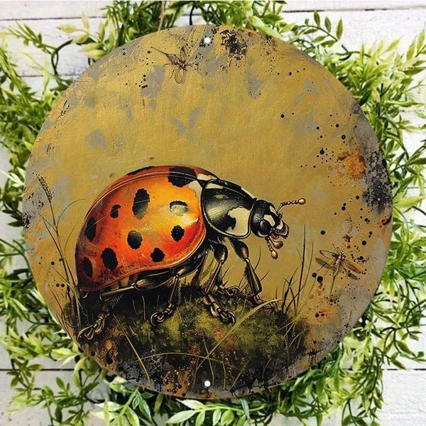 Round Aluminum Metal Sign - Golden Ladybug Wall Decor