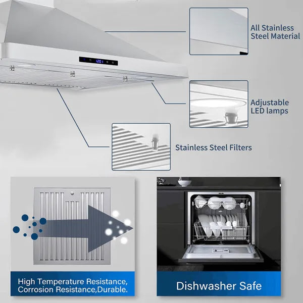 30/36 Inch Stainless Steel Wall Mount Range Hood 700CFM Touch Control Stove Vent