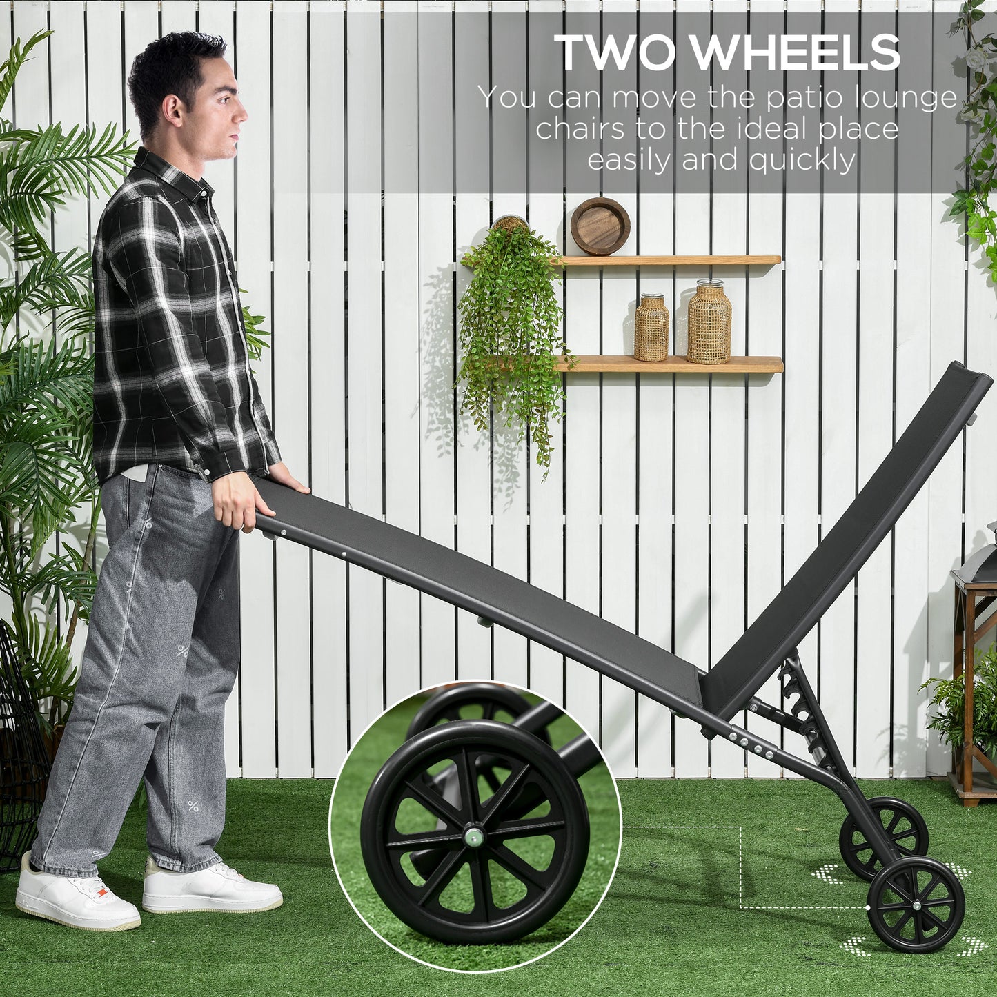 2-Piece Outdoor Chaise Lounge Chair Set with Wheels - Black