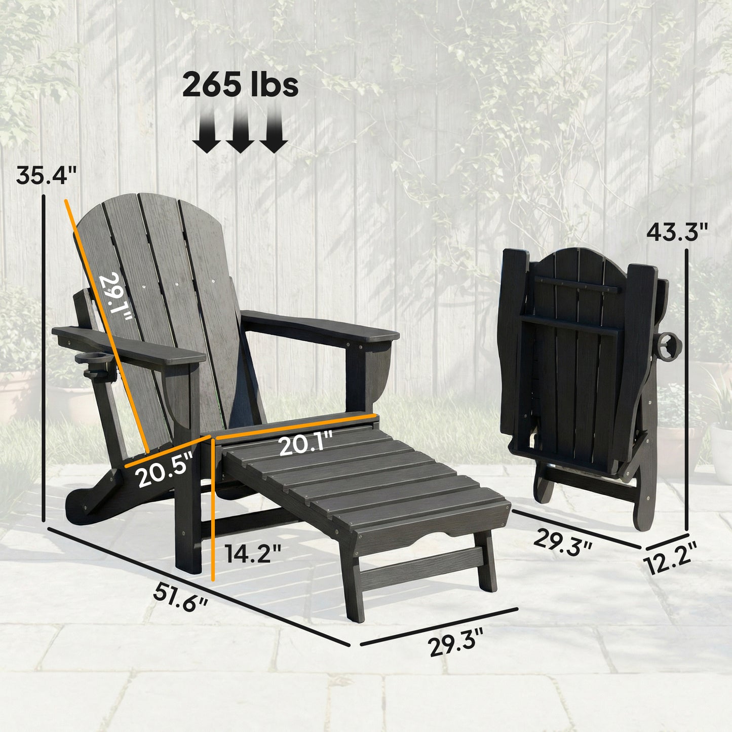 Folding Adirondack Chair Set of 2 - HDPE Fire Pit Chairs with Ottoman & Cup Holder - Black