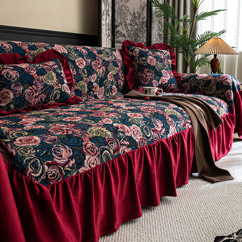 Vintage Style Sofa Cover Non-slip Couch Slipcover with Elegant Pattern