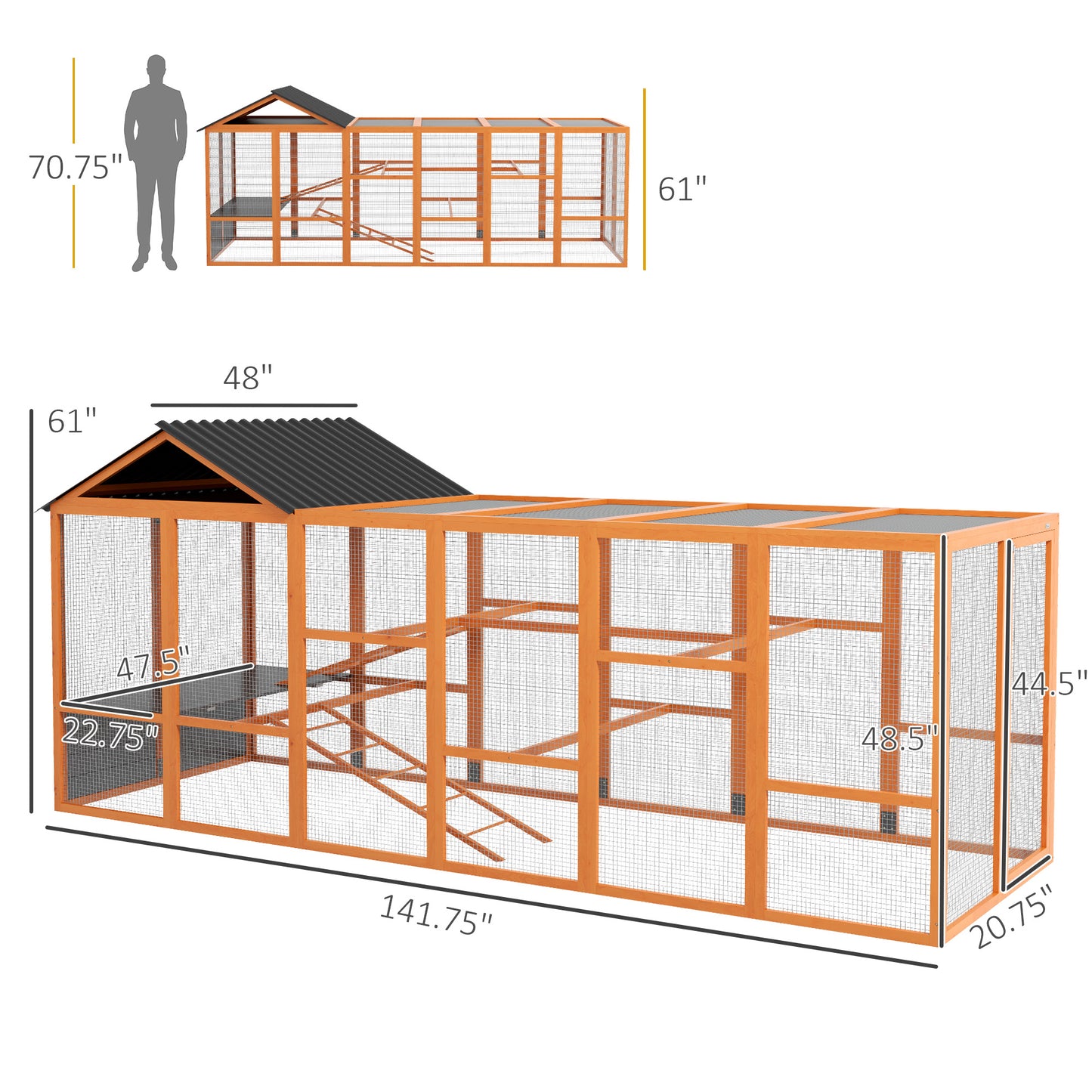 Wooden Chicken Coop Run for 6-10 Chickens with Storage and Perches - 141.75 x 48 x 61 inches, Orange