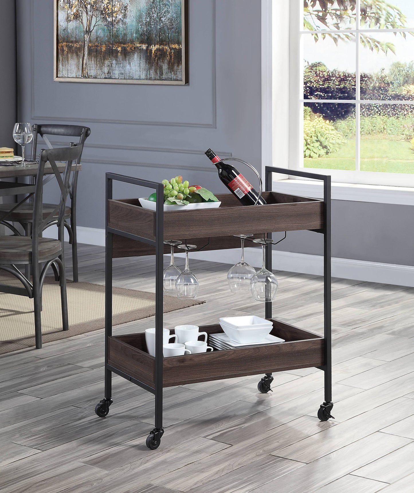 Walnut & Black Finish Serving Cart with 2-Tier Shelf