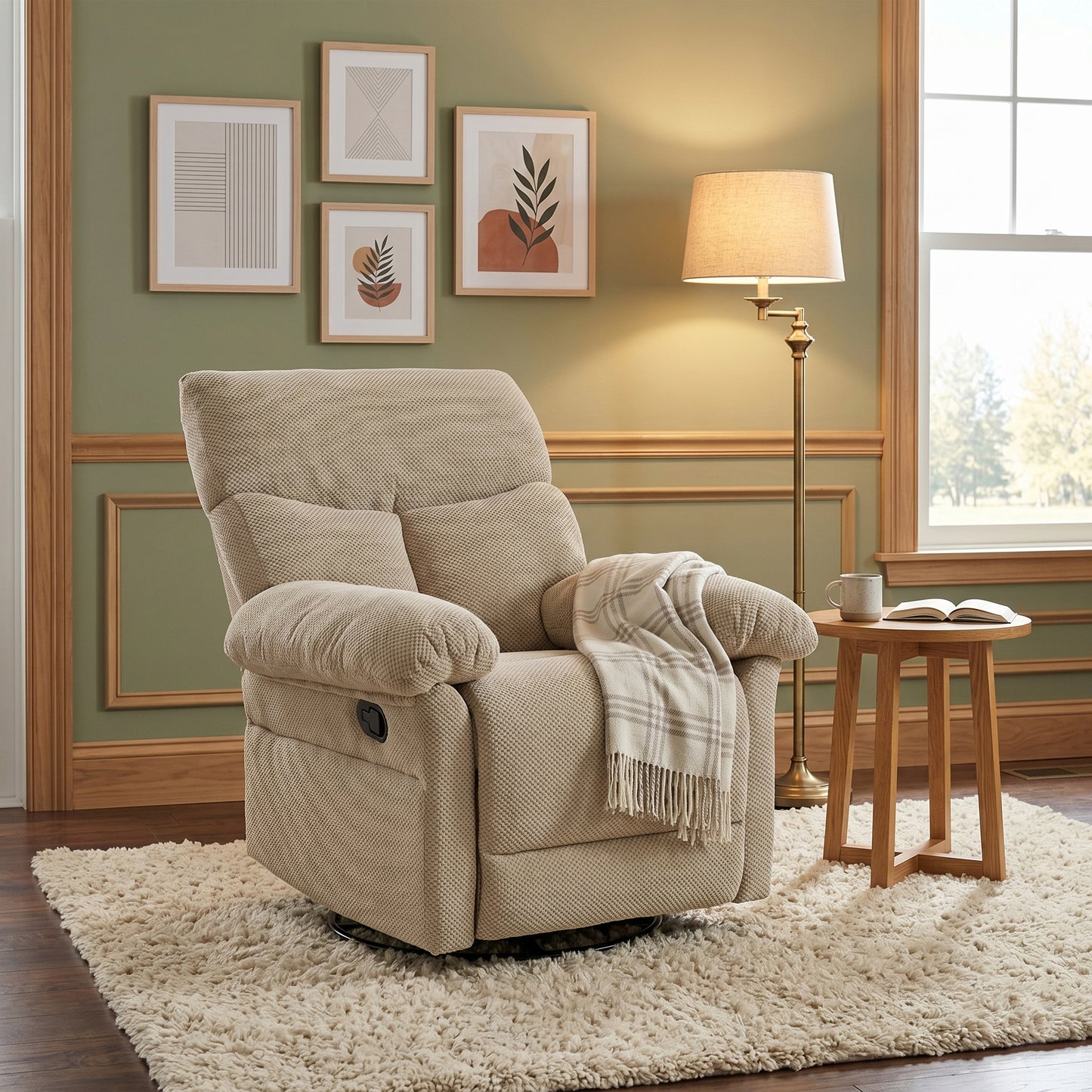 Modern Swivel Rocker Recliner Chair - Camel Fabric Armchair