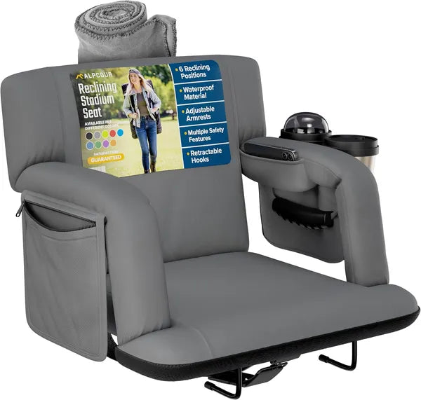 Premium Reclining Stadium Seat with Back Support - Grey, 21" Wide