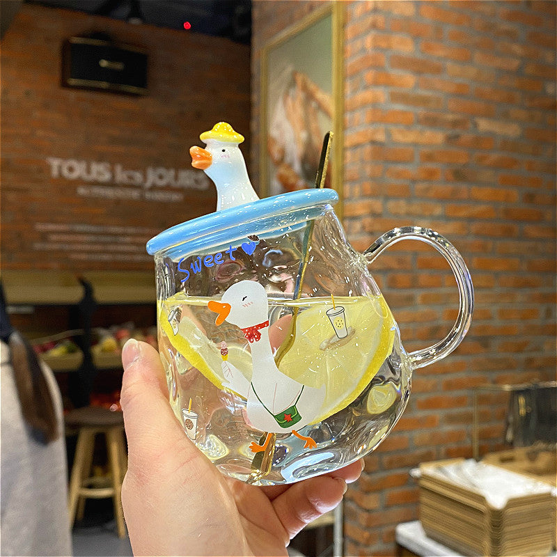 Heat-Resistant Glass Coffee Cup with Handle and Lid - Transparent