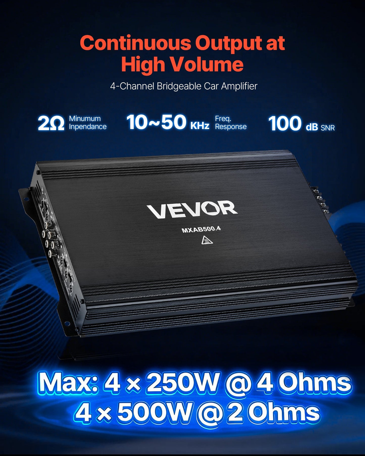 4 Channel Car Amplifier 2 Ohm Stable Bridgeable Class A/B 250W/500W for Car SUV Truck
