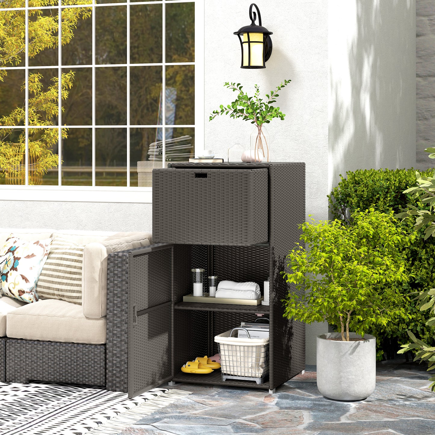 Outdoor Towel Rack For Pool W Drawer & Cabinet, Dark Brown