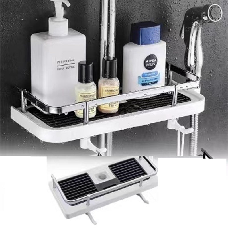 Bathroom Shower Rod Rack Without Punching, Wall-Mount Storage Shelf with Bracket, White or Black