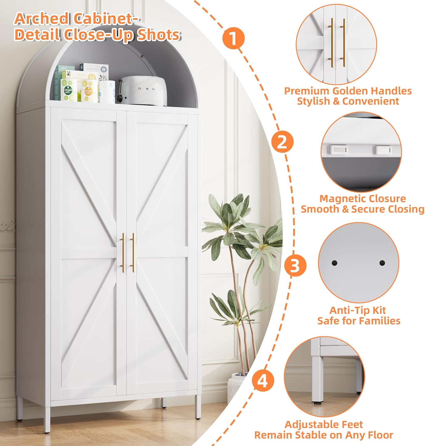 Tall Arched Kitchen Pantry Cabinet with Adjustable Shelves - White