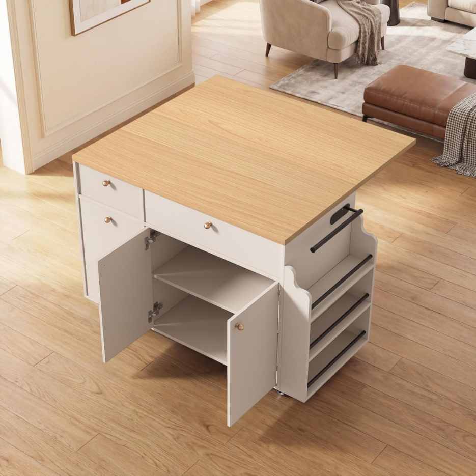 Rolling Kitchen Island Cart with Storage & Drop Leaf Extension - White