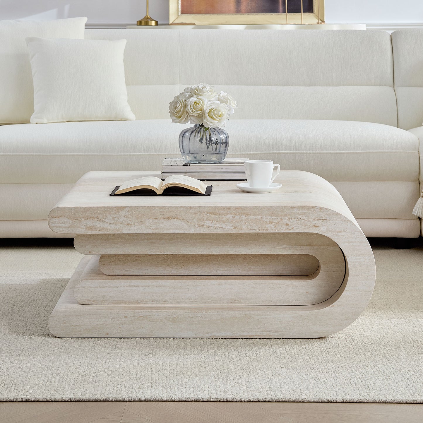 33.86 Inch Square Modern Coffee Table with Faux Travertine - Beige