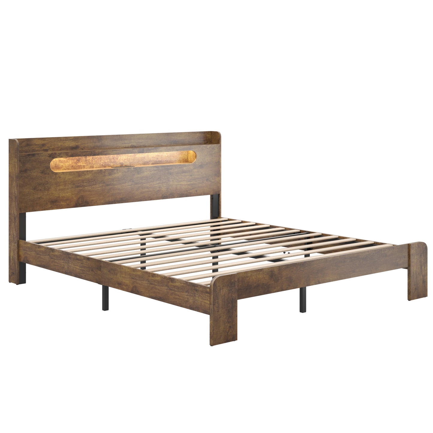 King Platform Bed Frame with LED Headboard, USB Ports, Dark Brown