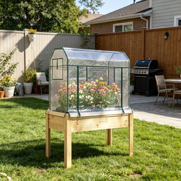 Raised Garden Bed with Cover and Wooden Base - Outdoor Planting Container
