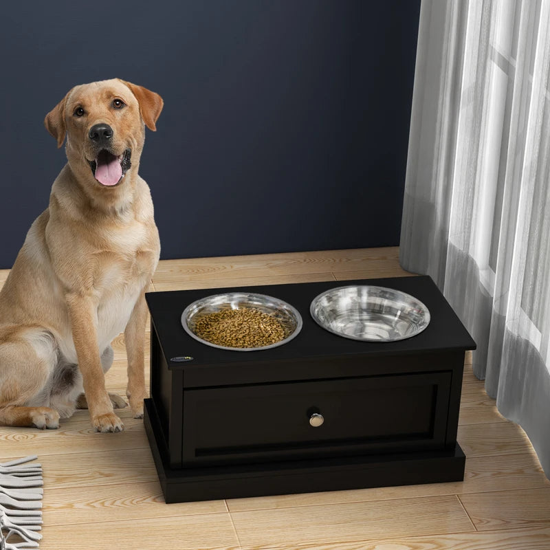 Raised Dog Feeder Stand with Storage Drawer - Black, Large Stainless Steel Bowls