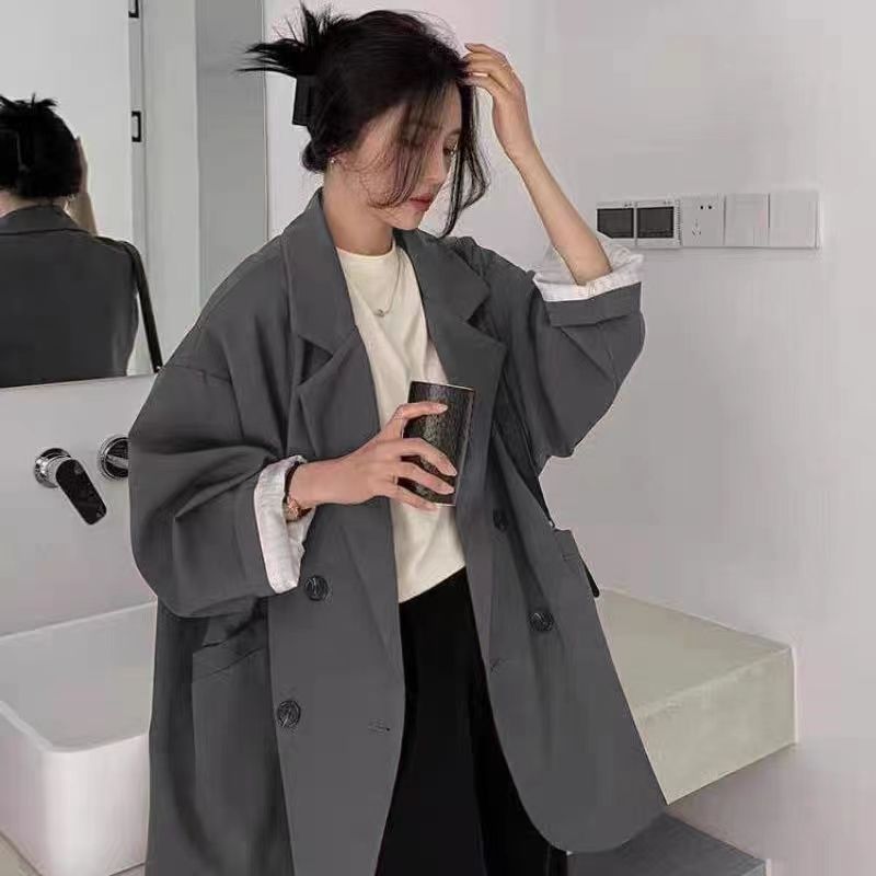 Women's Double Breasted Coffee Suit Jacket - Mid-Length