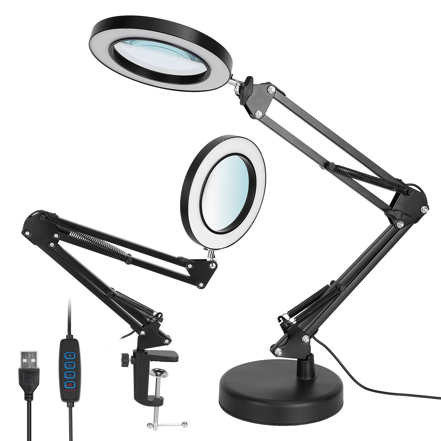 8X Magnifying Desk Lamp with Light, Clamp & Stand, 3 Light Modes, Black