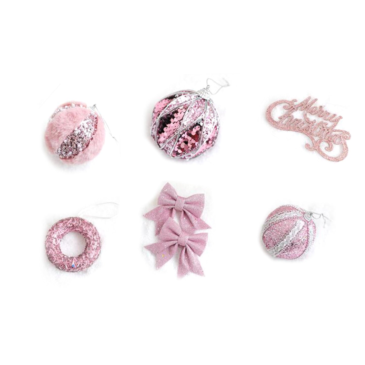 6-Piece Christmas Tree Decoration Set - Pink Plush Ornaments