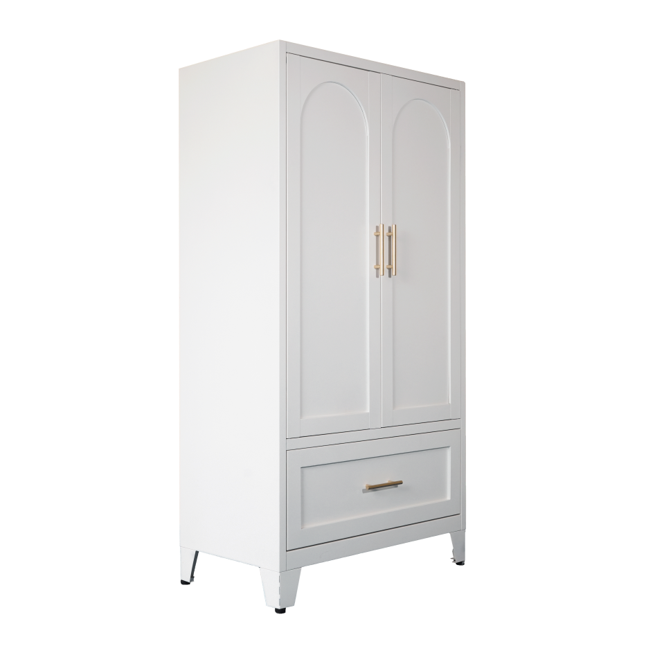 60-Inch Tall Metal Wardrobe Cabinet with Drawer & Shelf - White