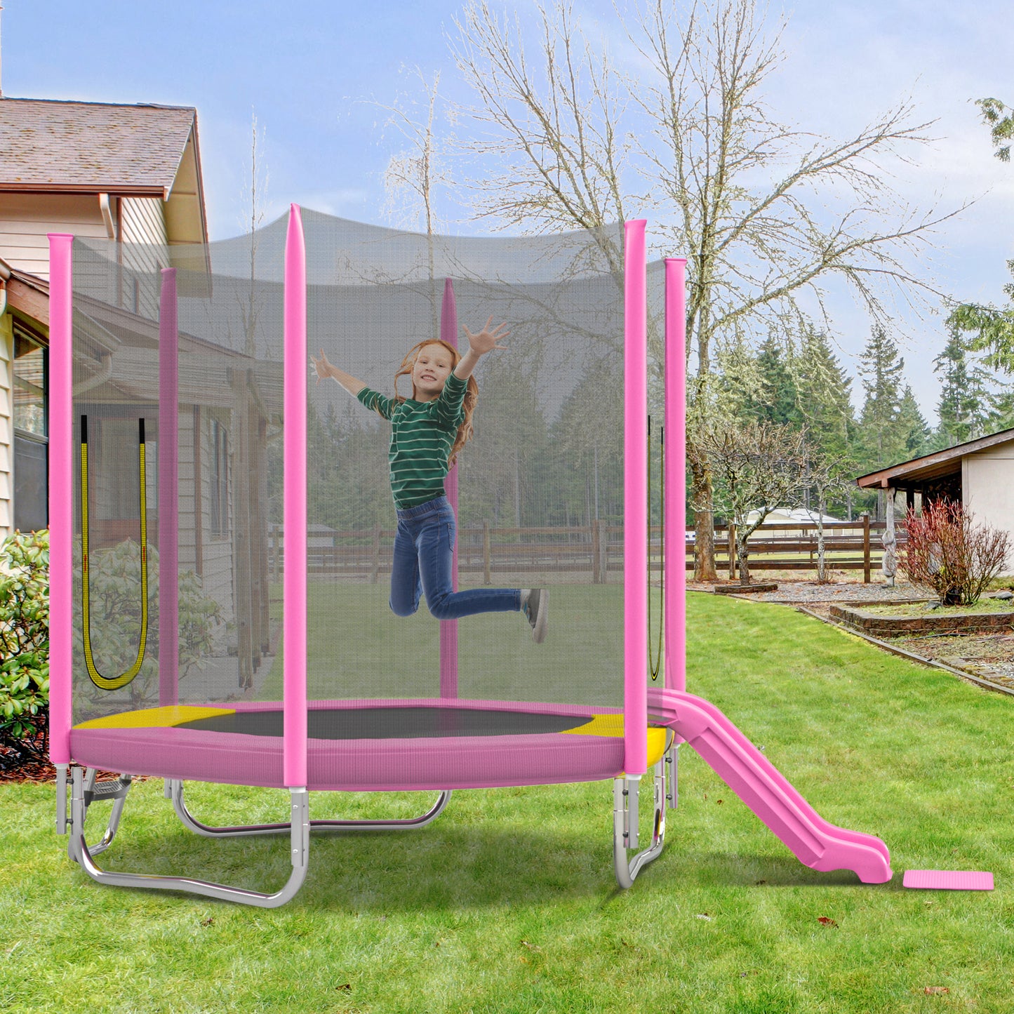 7FT Trampoline For Kids With Safety Enclosure Net, Slide And Ladder,