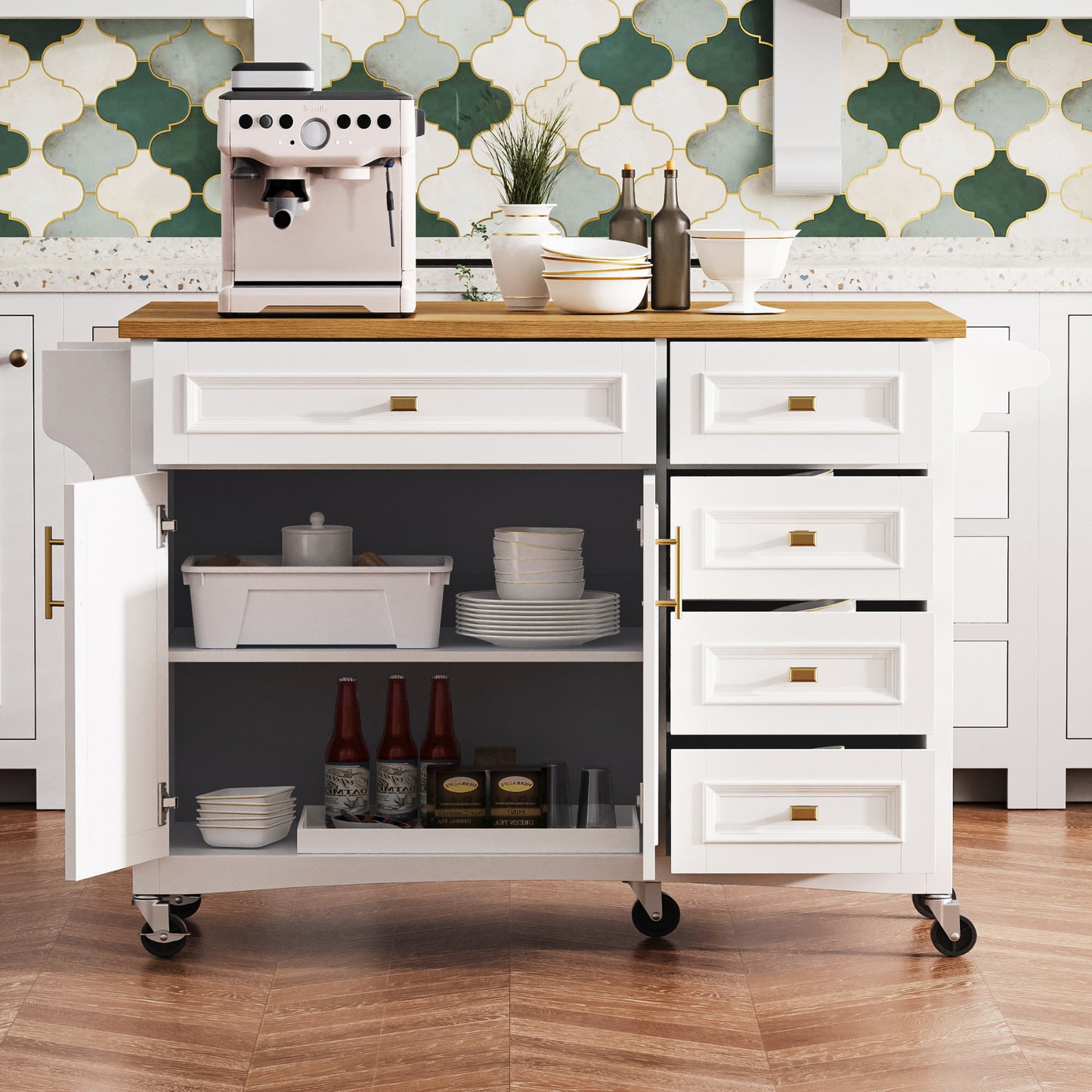 52'' Kitchen Island on Wheels with Drop Leaf & Storage - White