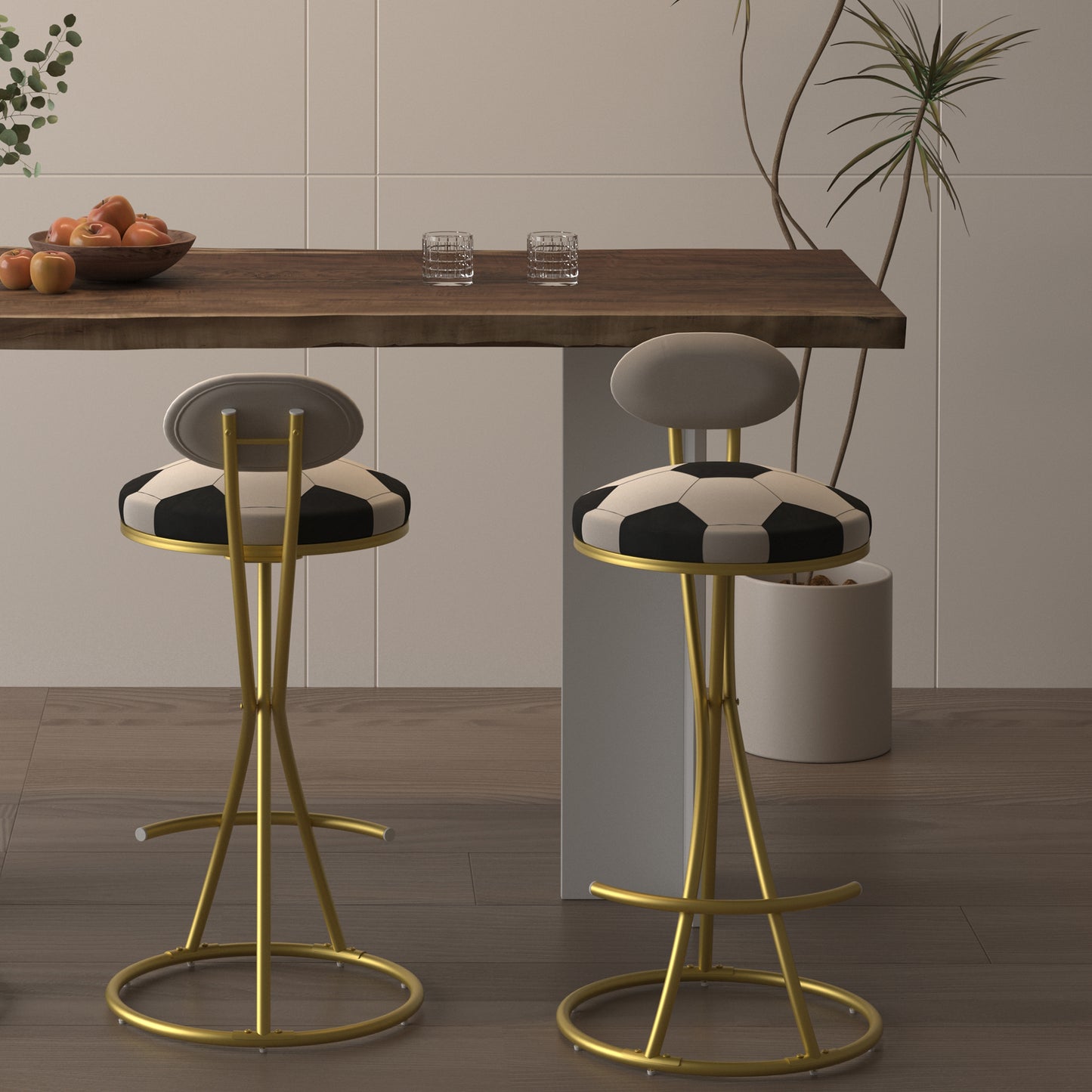 Football Print Bar Stools Set of 2 - Gold & Creamy White