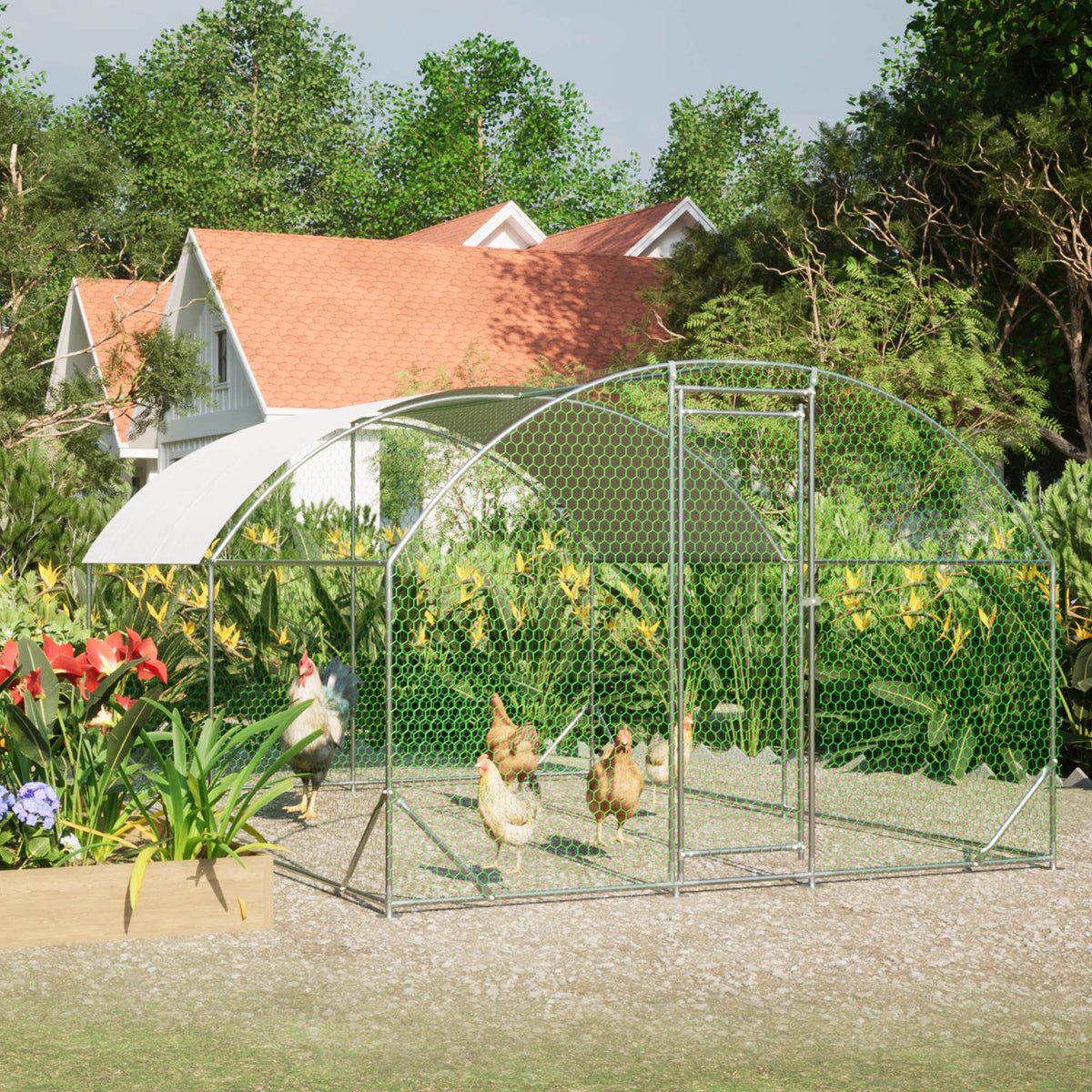 Large Metal Chicken Coop with Waterproof UV Cover, Walk-In Yard Run 9.84x13.12 Ft