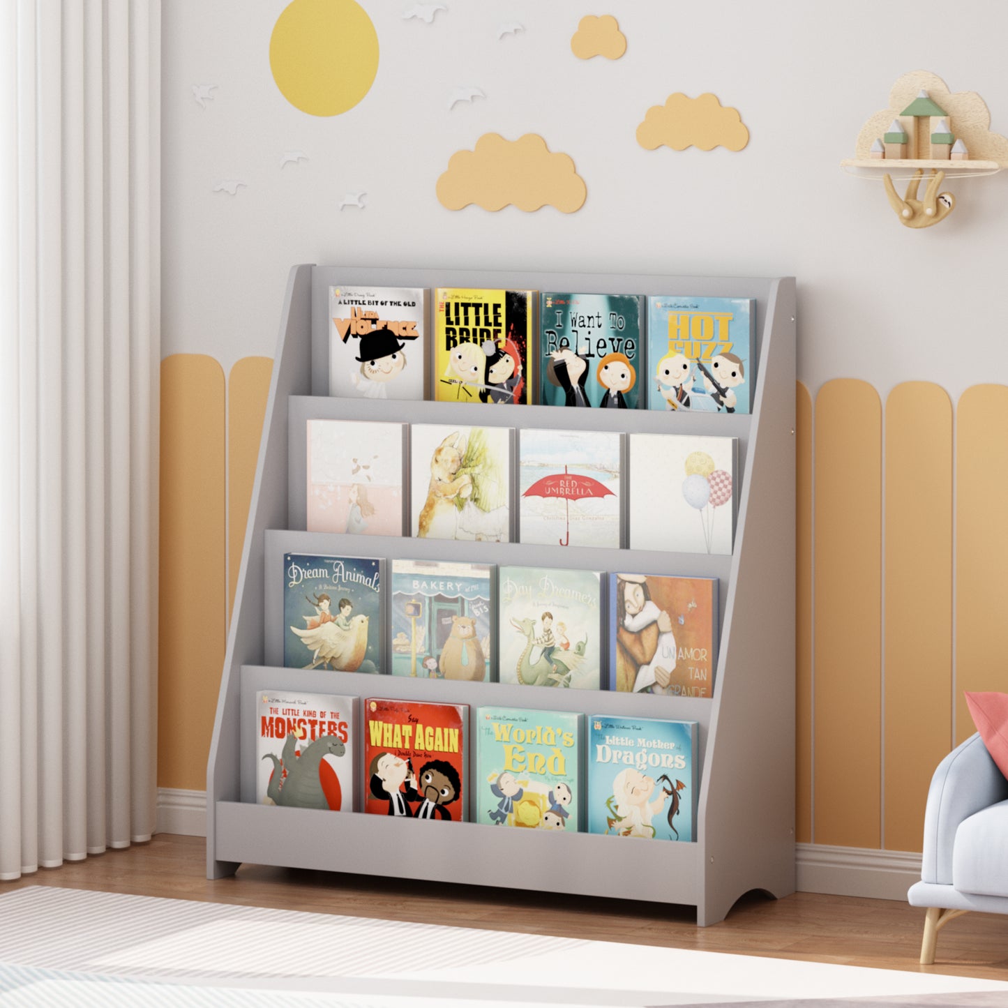 4-Tier Kids Bookshelf - Gray MDF Book Display for Bedrooms & Playrooms