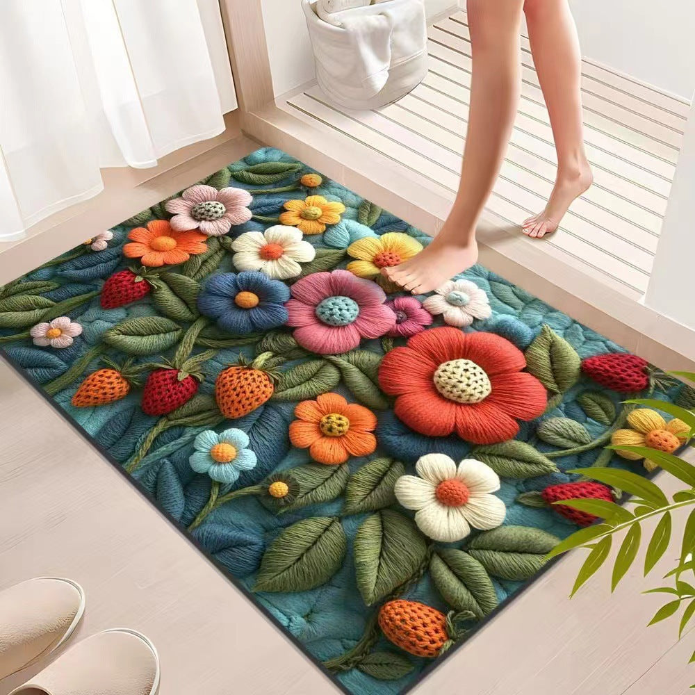 Water-Absorbing Floral Velvet Doormat for Bathroom - 60x90cm, Green
