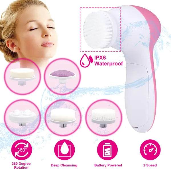 Electric Facial Cleansing Brush with 5 Brush Heads - Pink