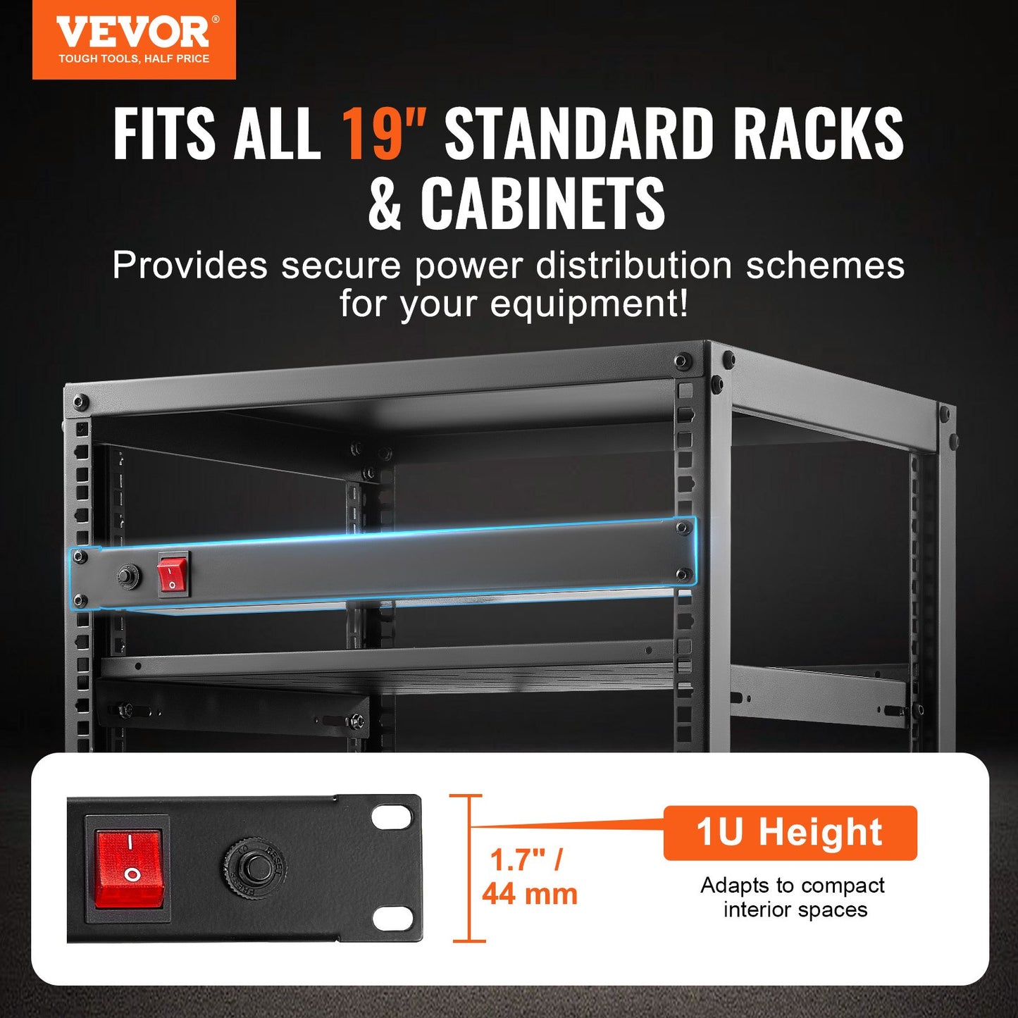 19 Inch Rack Mount Power Strip with 8 Outlets Surge Protector 15A Black