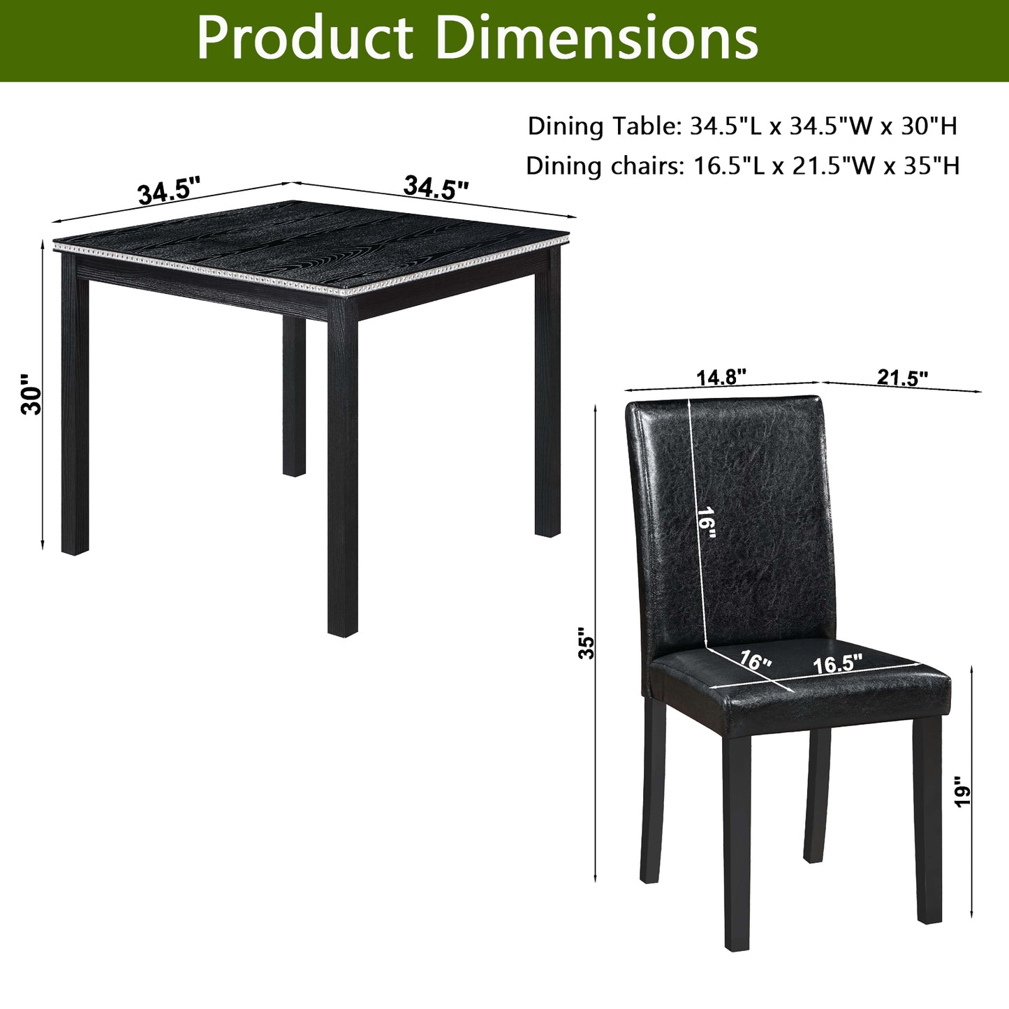 5-Piece Black Wooden Dining Table Set with Upholstered Chairs