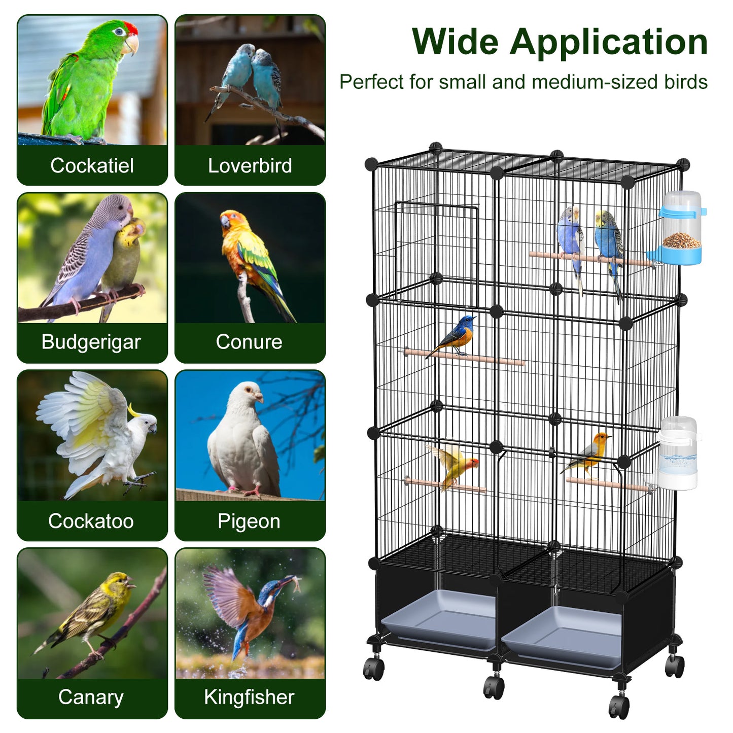 Spacious Bird Cage with Perches Water Bottles and Lockable Wheels for Small to Medium Birds